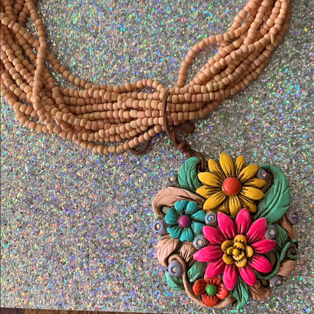 Beaded and clay pendant huge necklace